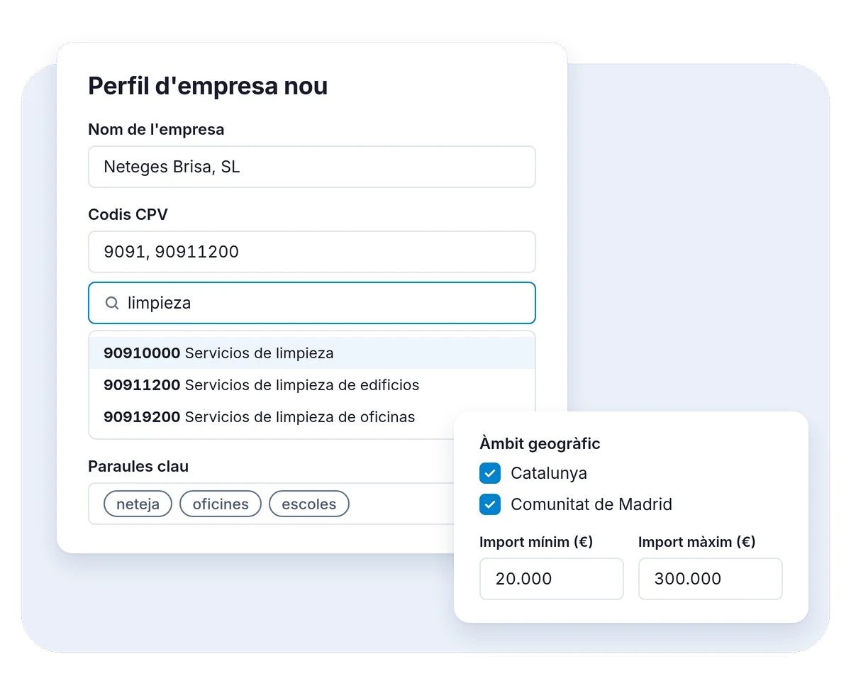 Formulari «Perfil d'empresa nou»: el cercador de codis CPV mostra serveis de neteja, amb paraules clau, comunitats marcades i import mínim i màxim