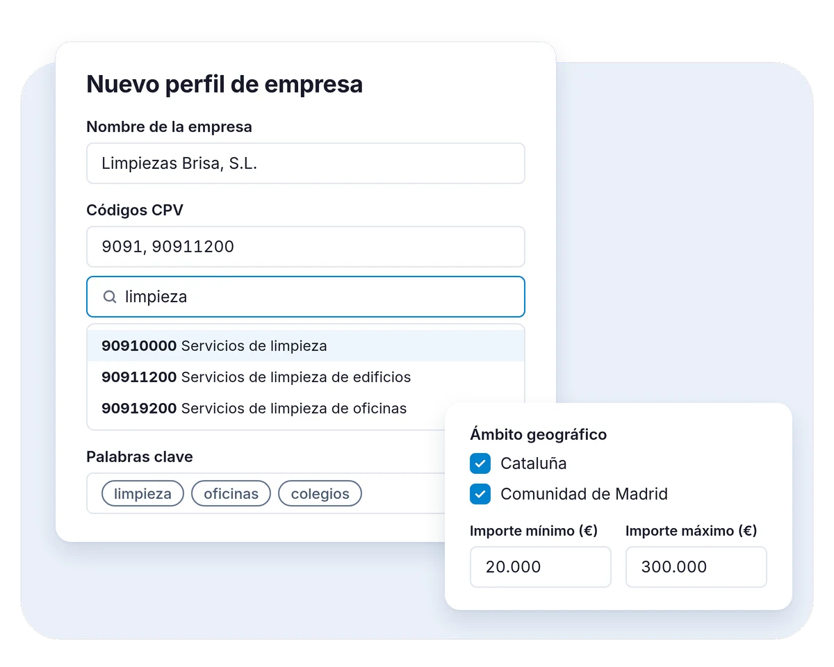 Formulario «Nuevo perfil de empresa»: el buscador de códigos CPV muestra servicios de limpieza, con palabras clave, comunidades marcadas e importe mínimo y máximo